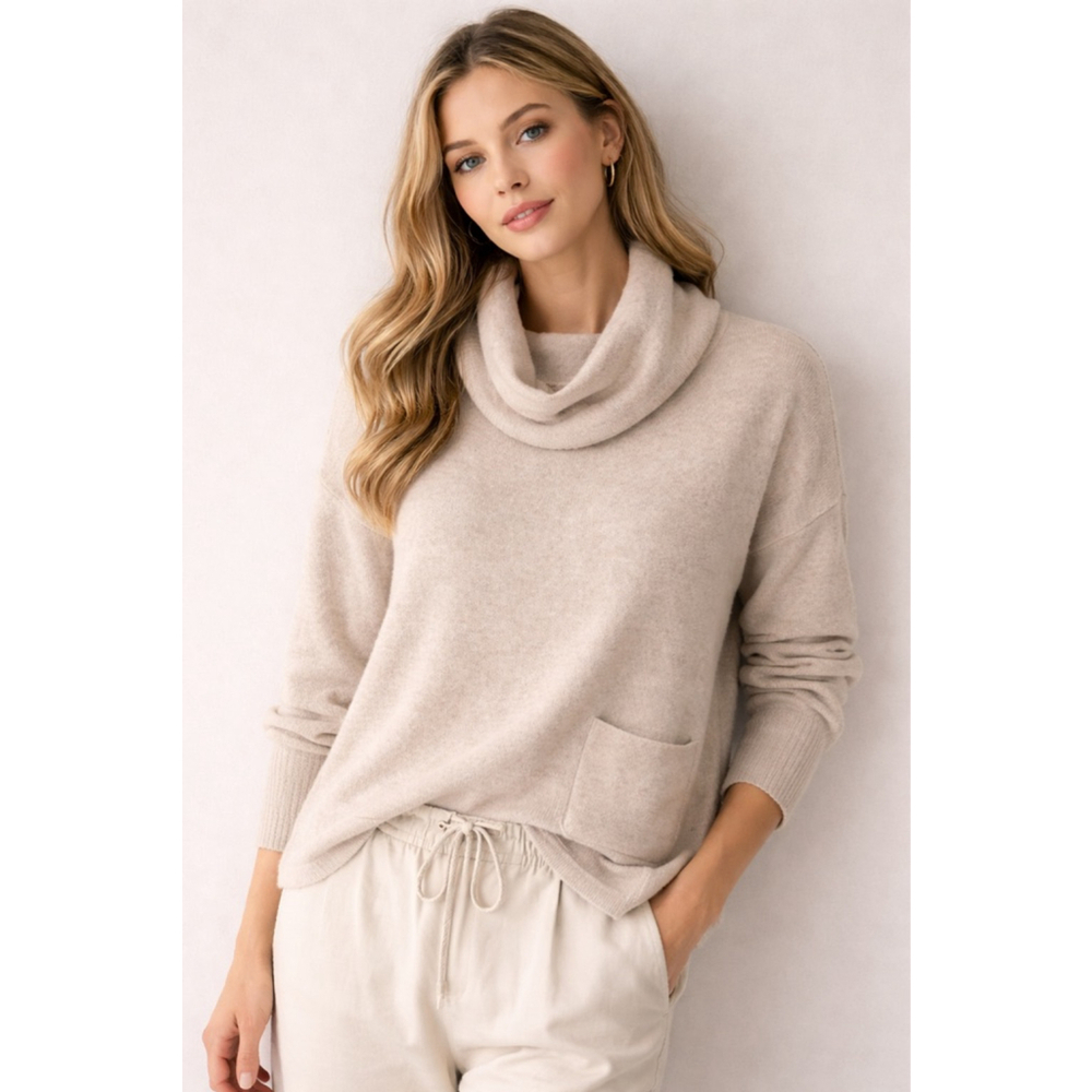 Repeat 100% Cashmere Cowl Neck Easy Knit Sweater Oatmeal M Capsule Minimalist